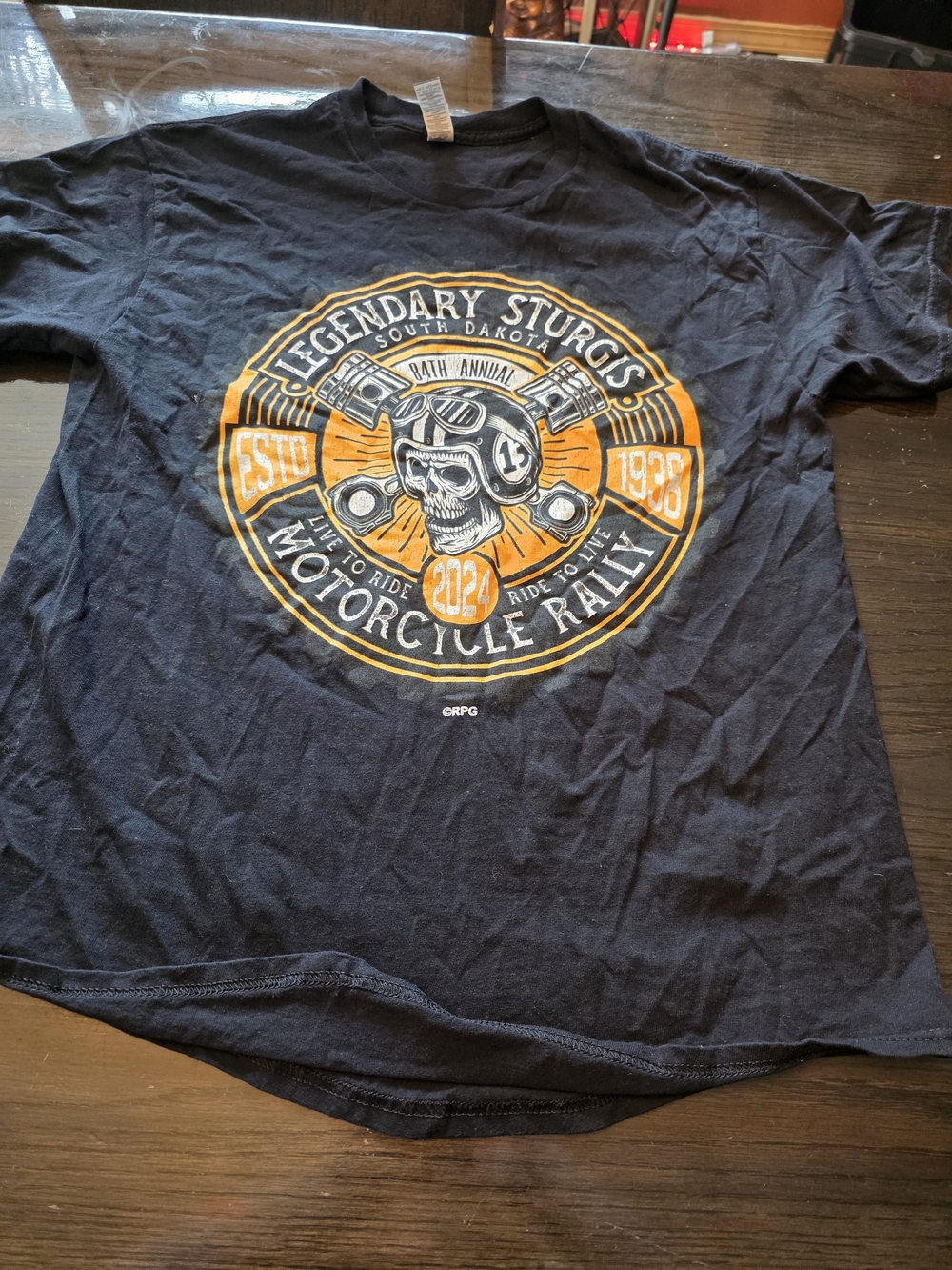 Gildan Black Short Sleeve Tee with Orange and White Motorcycle Rally Graphic